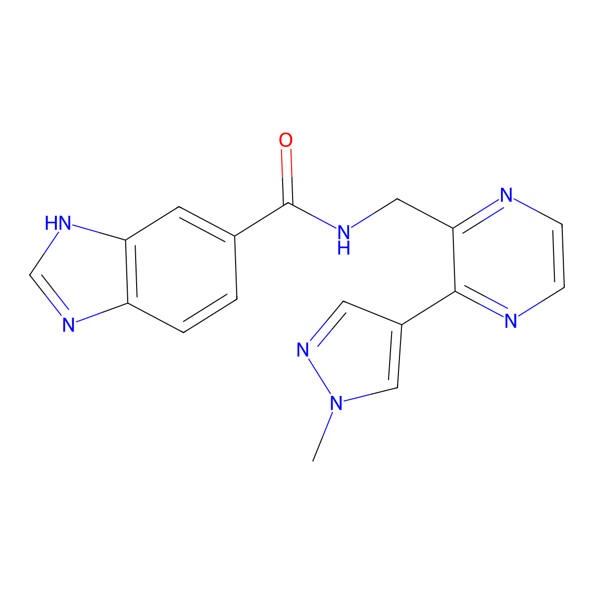 N-((3-(1-methyl-1H-pyrazol-4-yl)pyrazin-2-yl)methyl)-1H-benzo[d]imidazole-5-carboxamide molecular structure, CAS 2034395-31-6