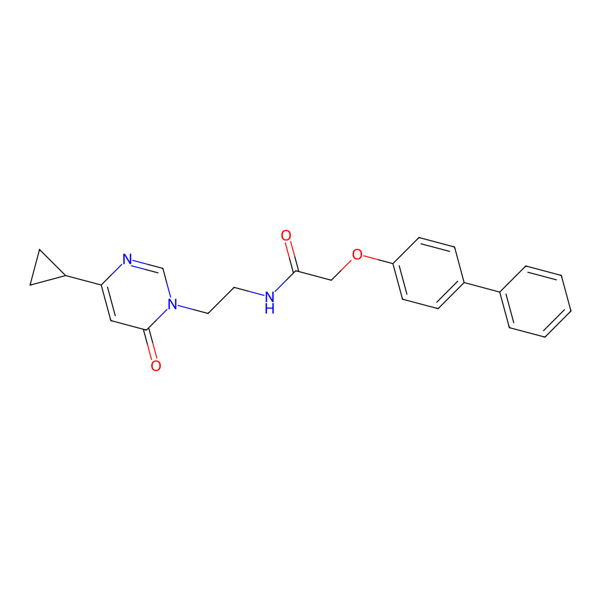 2-([1,1'-biphenyl]-4-yloxy)-N-(2-(4-cyclopropyl-6-oxopyrimidin-1(6H)-yl)ethyl)acetamide molecular structure, CAS 2034395-35-0