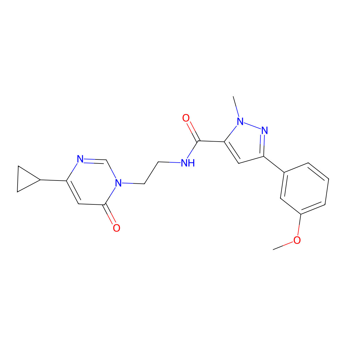N-(2-(4-cyclopropyl-6-oxopyrimidin-1(6H)-yl)ethyl)-3-(3-methoxyphenyl)-1-methyl-1H-pyrazole-5-carboxamide molecular structure, CAS 2034395-42-9