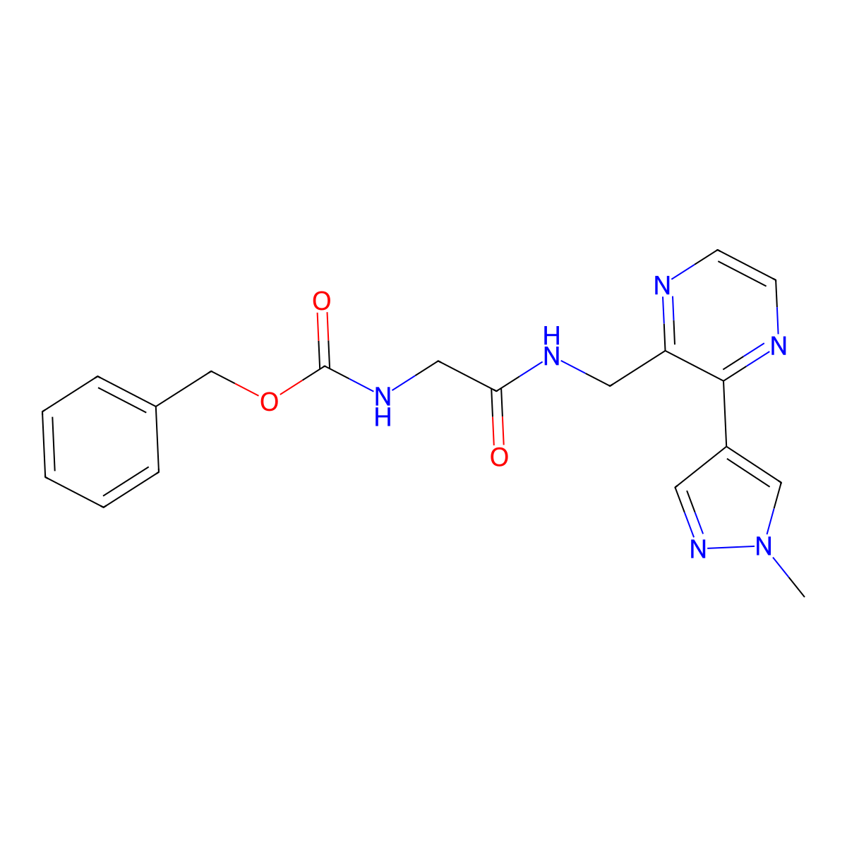 benzyl (2-(((3-(1-methyl-1H-pyrazol-4-yl)pyrazin-2-yl)methyl)amino)-2-oxoethyl)carbamate molecular structure, CAS 2034395-51-0