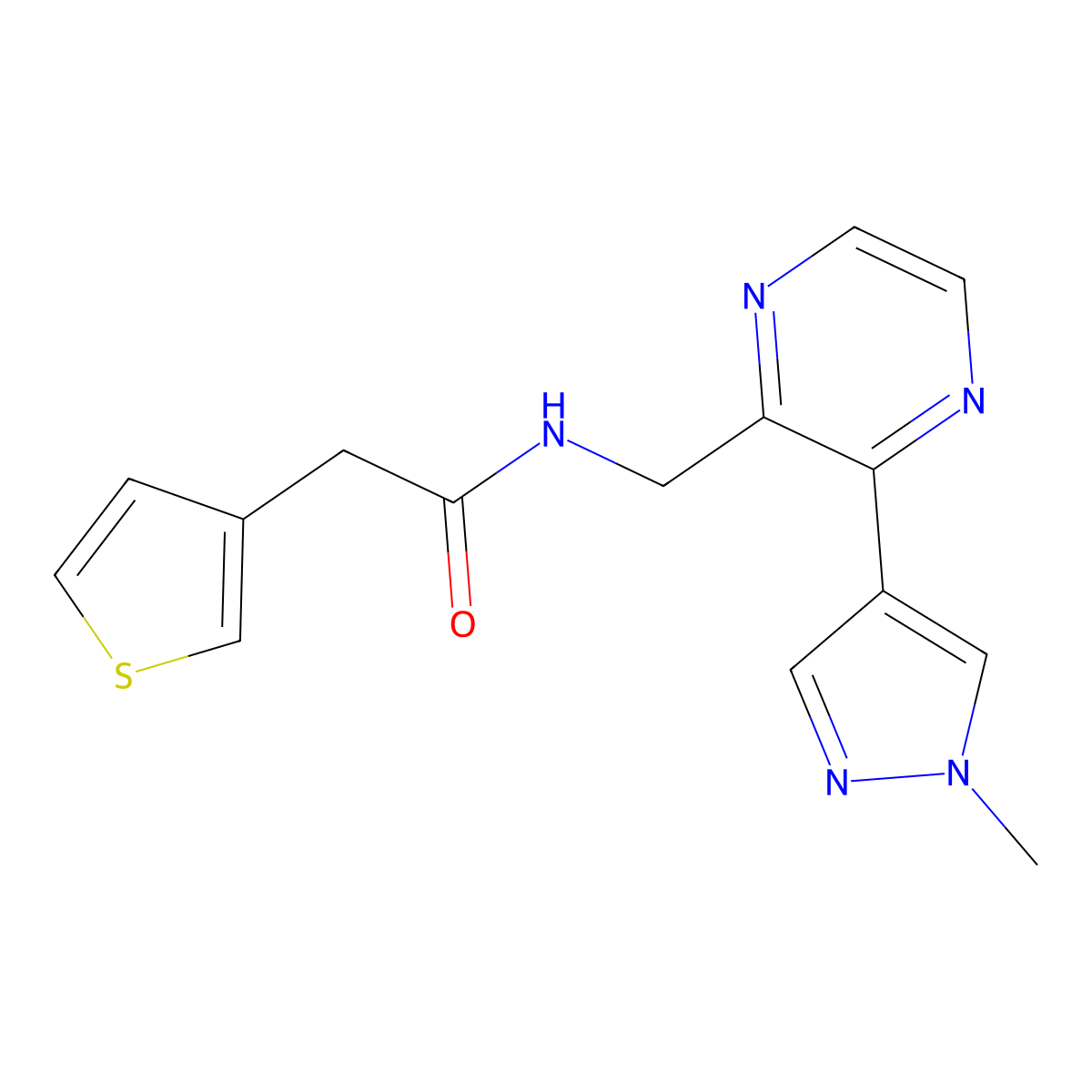N-((3-(1-methyl-1H-pyrazol-4-yl)pyrazin-2-yl)methyl)-2-(thiophen-3-yl)acetamide molecular structure, CAS 2034395-56-5