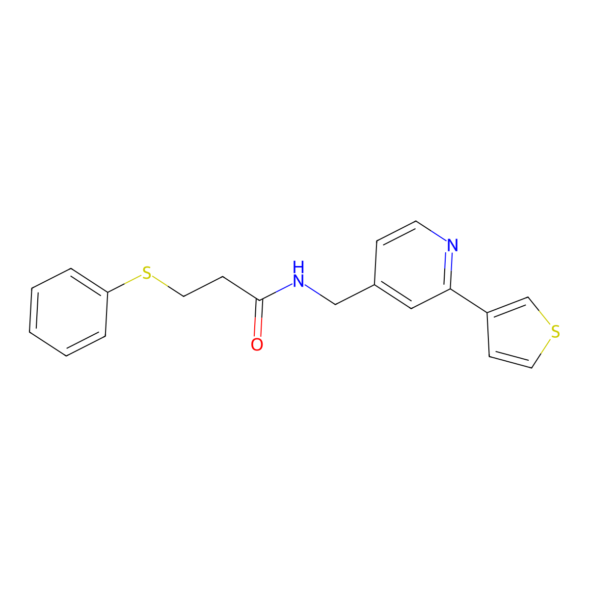 3-(phenylthio)-N-((2-(thiophen-3-yl)pyridin-4-yl)methyl)propanamide molecular structure, CAS 2034395-59-8