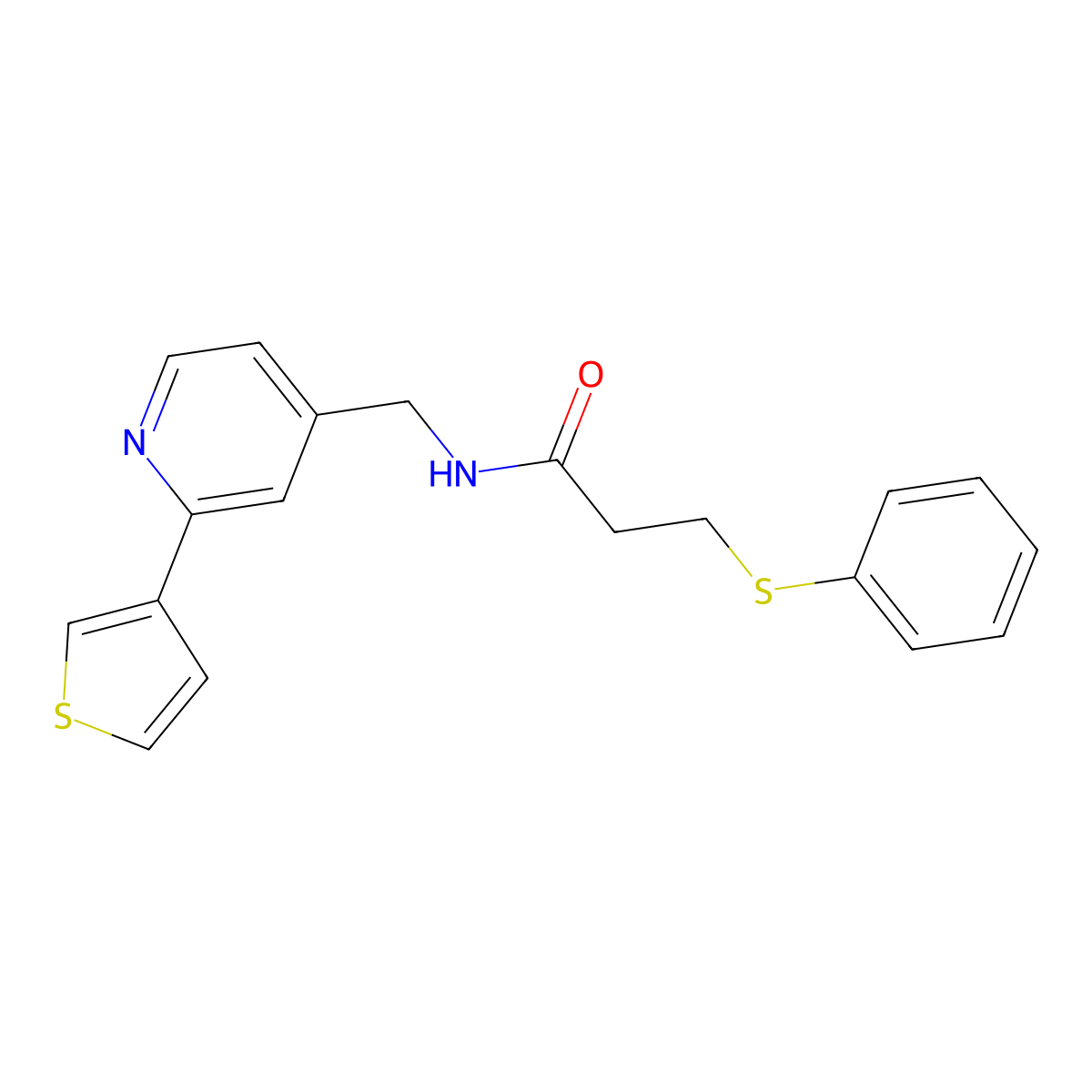 3-(phenylthio)-N-((2-(thiophen-3-yl)pyridin-4-yl)methyl)propanamide molecular structure, CAS 2034395-59-8