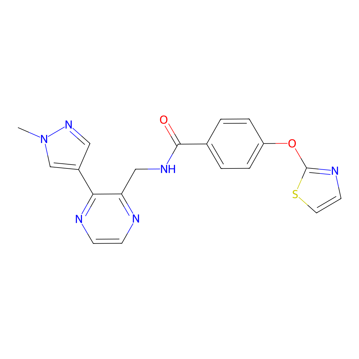 N-((3-(1-methyl-1H-pyrazol-4-yl)pyrazin-2-yl)methyl)-4-(thiazol-2-yloxy)benzamide molecular structure, CAS 2034395-68-9