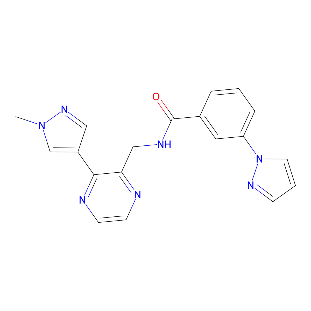 N-{[3-(1-methyl-1H-pyrazol-4-yl)pyrazin-2-yl]methyl}-3-(1H-pyrazol-1-yl)benzamide molecular structure, CAS 2034395-79-2