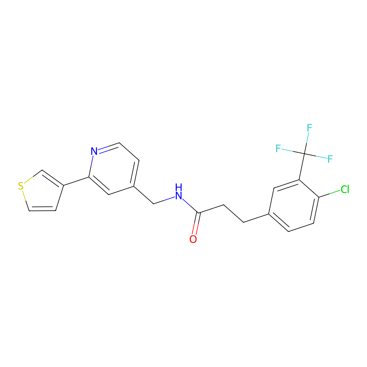 3-(4-chloro-3-(trifluoromethyl)phenyl)-N-((2-(thiophen-3-yl)pyridin-4-yl)methyl)propanamide molecular structure, CAS 2034395-85-0