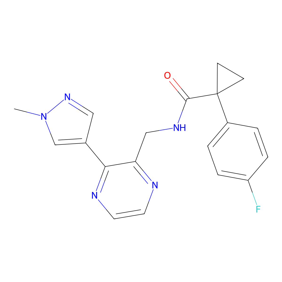 1-(4-fluorophenyl)-N-((3-(1-methyl-1H-pyrazol-4-yl)pyrazin-2-yl)methyl)cyclopropanecarboxamide molecular structure, CAS 2034395-87-2