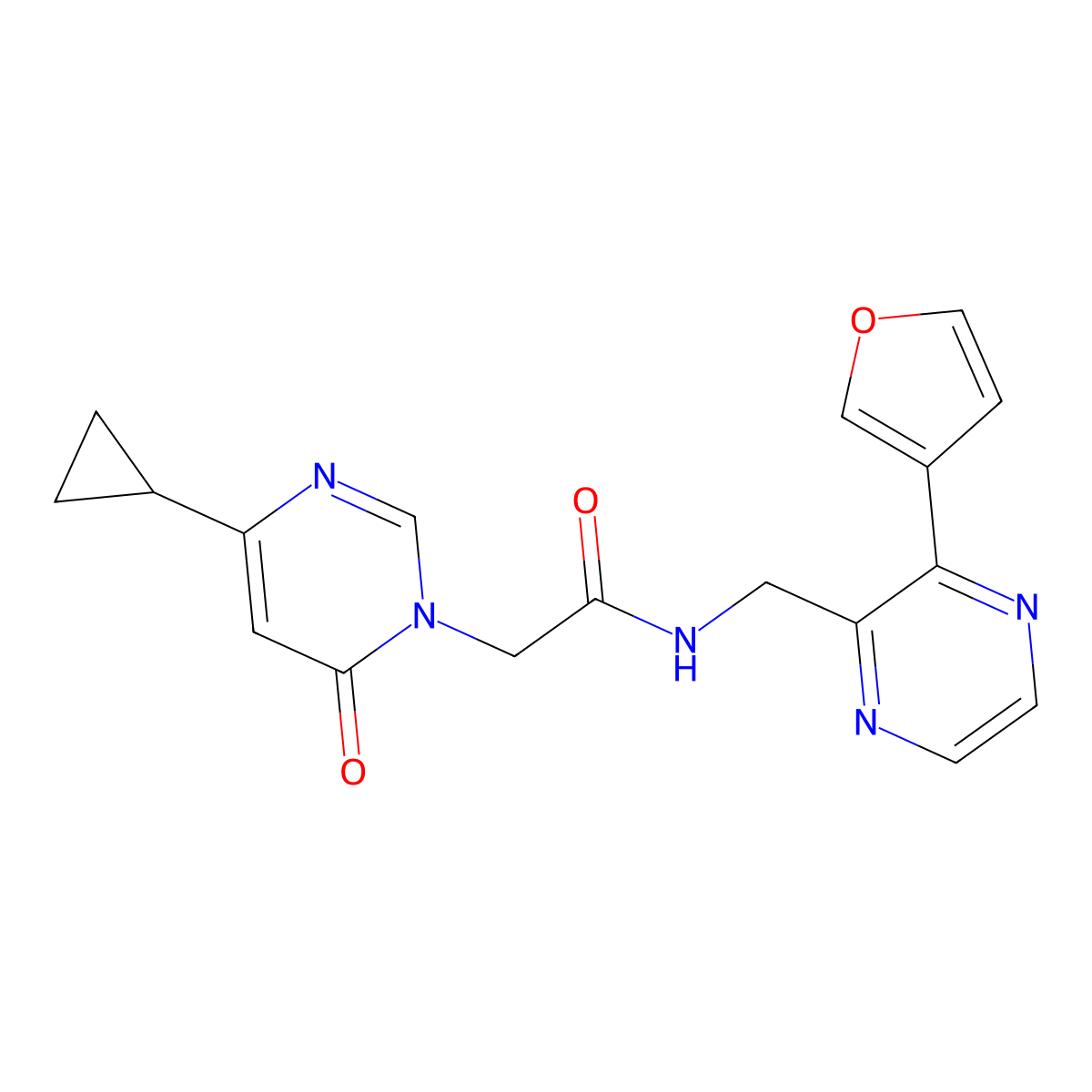 2-(4-cyclopropyl-6-oxopyrimidin-1(6H)-yl)-N-((3-(furan-3-yl)pyrazin-2-yl)methyl)acetamide molecular structure, CAS 2034395-88-3