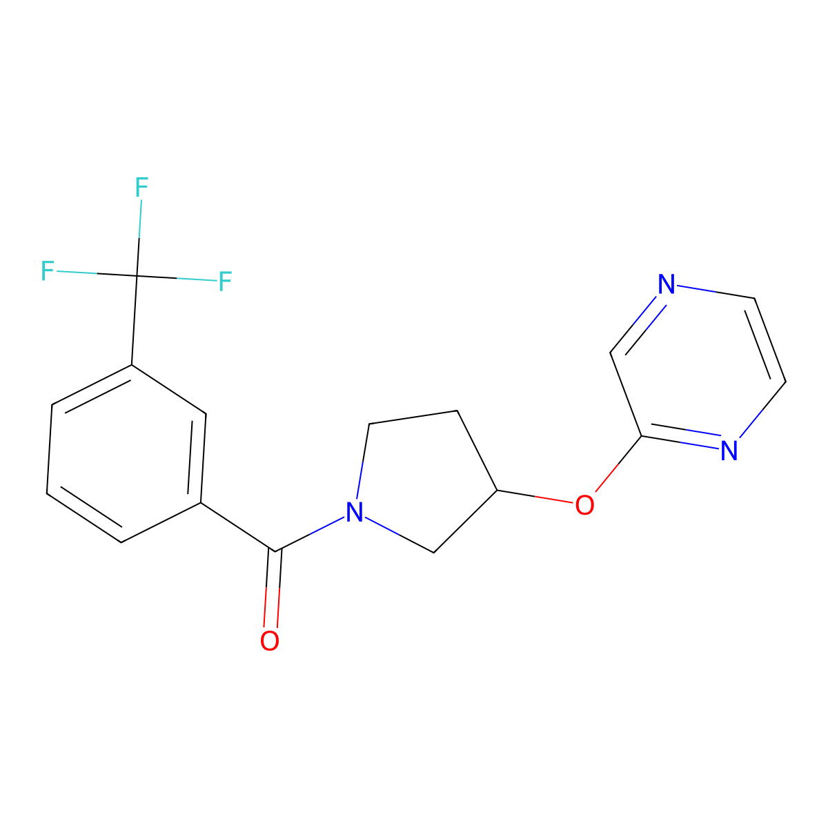 (3-(Pyrazin-2-yloxy)pyrrolidin-1-yl)(3-(trifluoromethyl)phenyl)methanone molecular structure, CAS 2034395-92-9