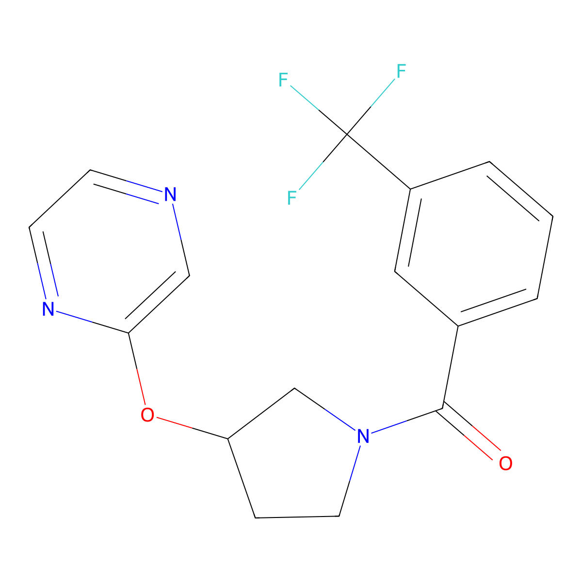 (3-(Pyrazin-2-yloxy)pyrrolidin-1-yl)(3-(trifluoromethyl)phenyl)methanone molecular structure, CAS 2034395-92-9