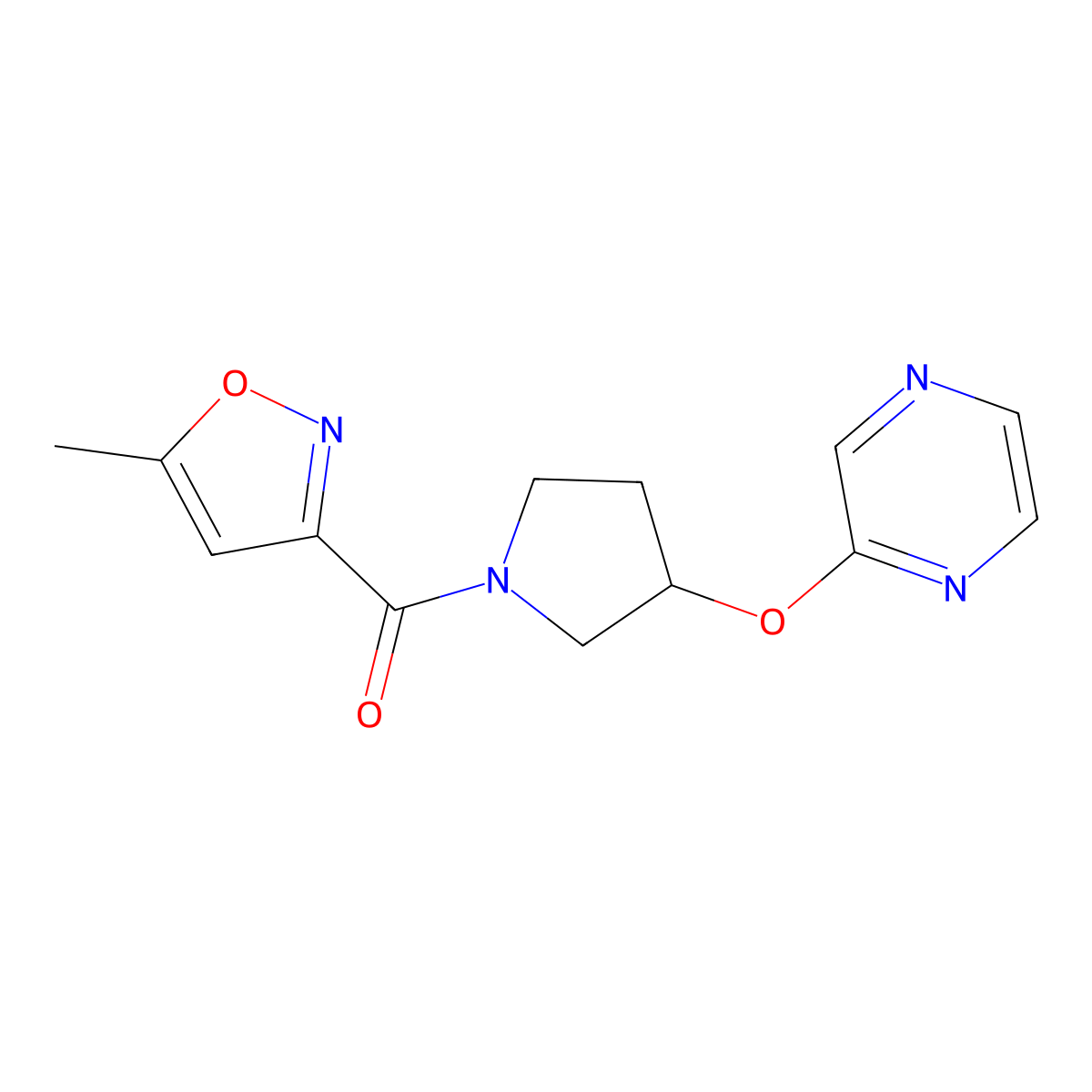 (5-Methylisoxazol-3-yl)(3-(pyrazin-2-yloxy)pyrrolidin-1-yl)methanone molecular structure, CAS 2034396-05-7