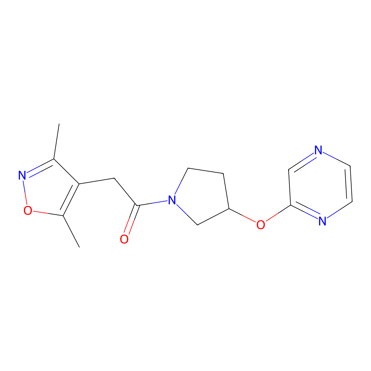 2-(3,5-Dimethylisoxazol-4-yl)-1-(3-(pyrazin-2-yloxy)pyrrolidin-1-yl)ethanone molecular structure, CAS 2034396-12-6