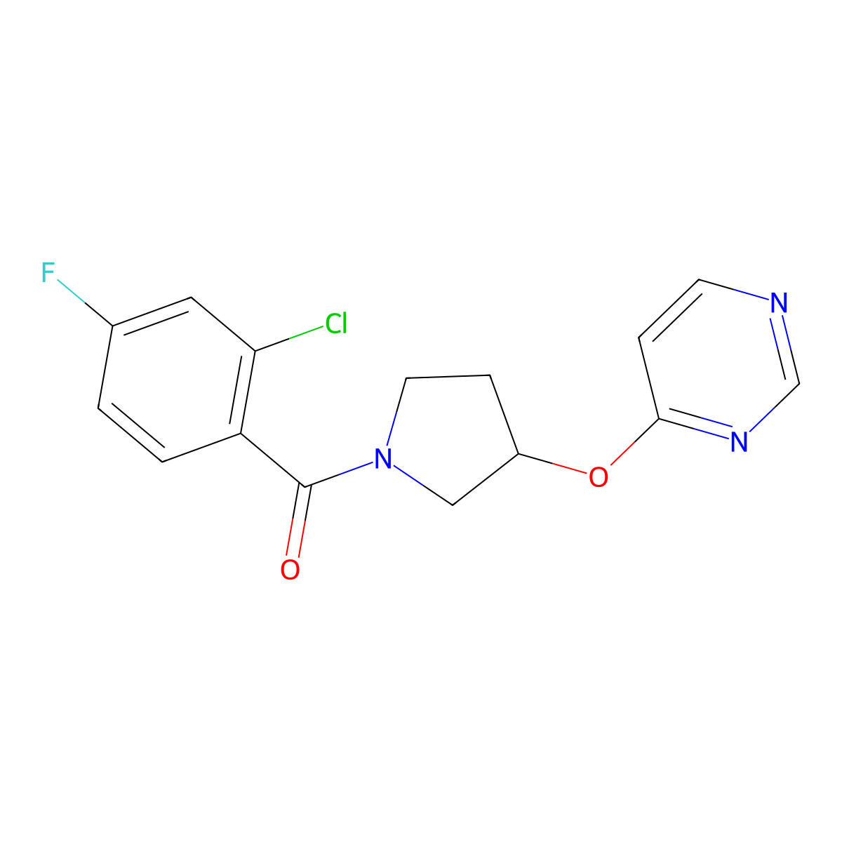 (2-Chloro-4-fluorophenyl)(3-(pyrimidin-4-yloxy)pyrrolidin-1-yl)methanone molecular structure, CAS 2034396-14-8