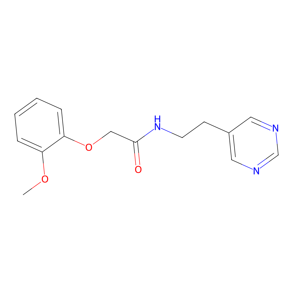 2-(2-methoxyphenoxy)-N-(2-(pyrimidin-5-yl)ethyl)acetamide molecular structure, CAS 2034396-25-1