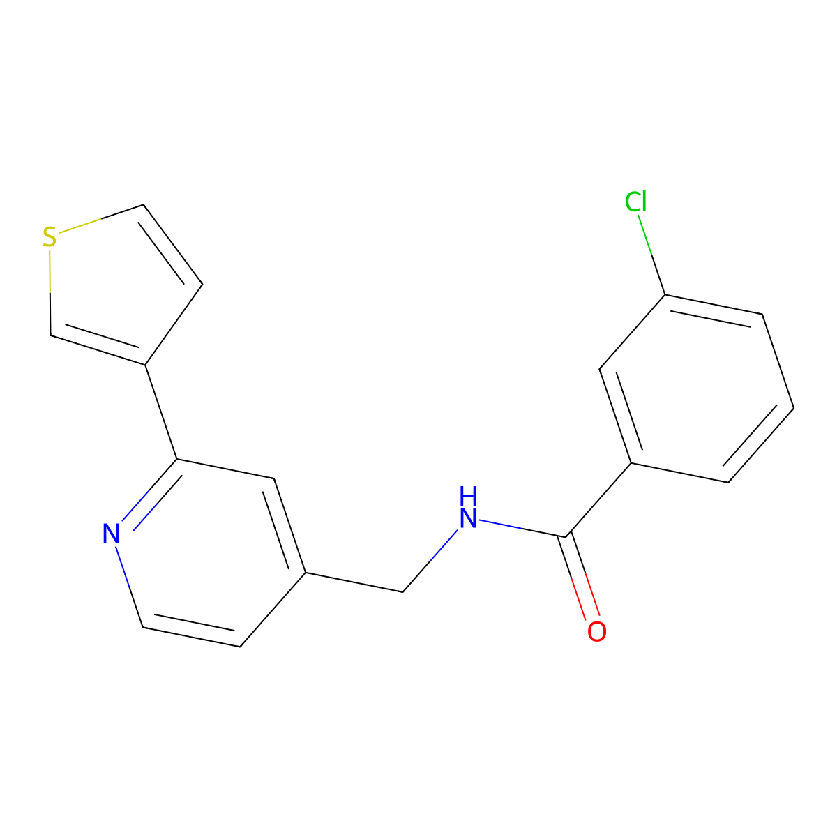 3-chloro-N-((2-(thiophen-3-yl)pyridin-4-yl)methyl)benzamide molecular structure, CAS 2034396-34-2