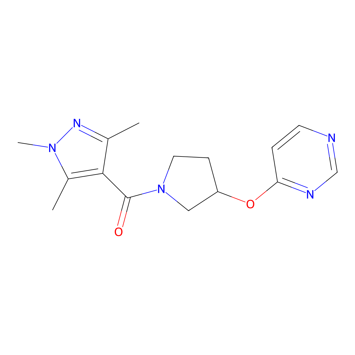 4-{[1-(1,3,5-trimethyl-1H-pyrazole-4-carbonyl)pyrrolidin-3-yl]oxy}pyrimidine molecular structure, CAS 2034396-38-6
