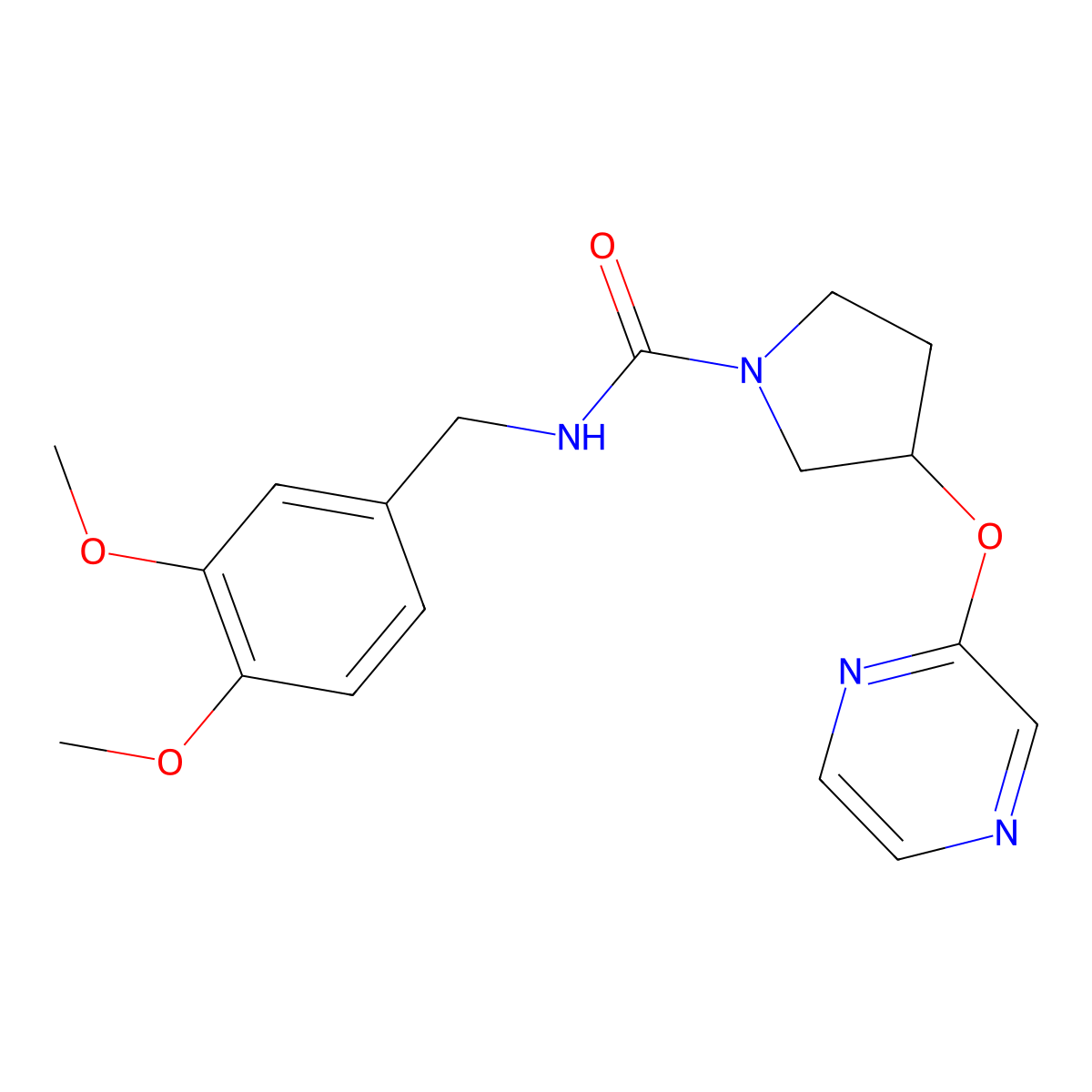 N-(3,4-dimethoxybenzyl)-3-(pyrazin-2-yloxy)pyrrolidine-1-carboxamide molecular structure, CAS 2034396-57-9