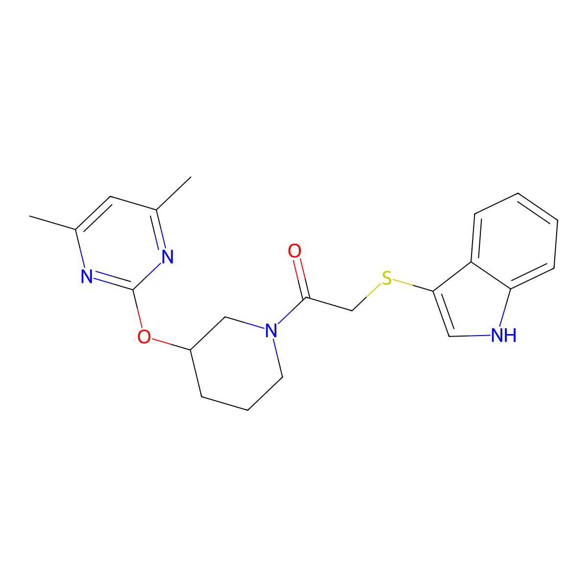 2-((1H-indol-3-yl)thio)-1-(3-((4,6-dimethylpyrimidin-2-yl)oxy)piperidin-1-yl)ethanone molecular structure, CAS 2034396-58-0
