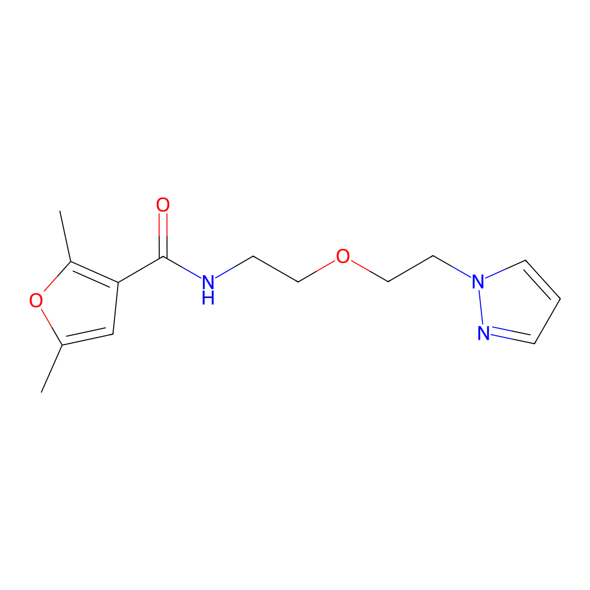 N-(2-(2-(1H-pyrazol-1-yl)ethoxy)ethyl)-2,5-dimethylfuran-3-carboxamide molecular structure, CAS 2034396-60-4