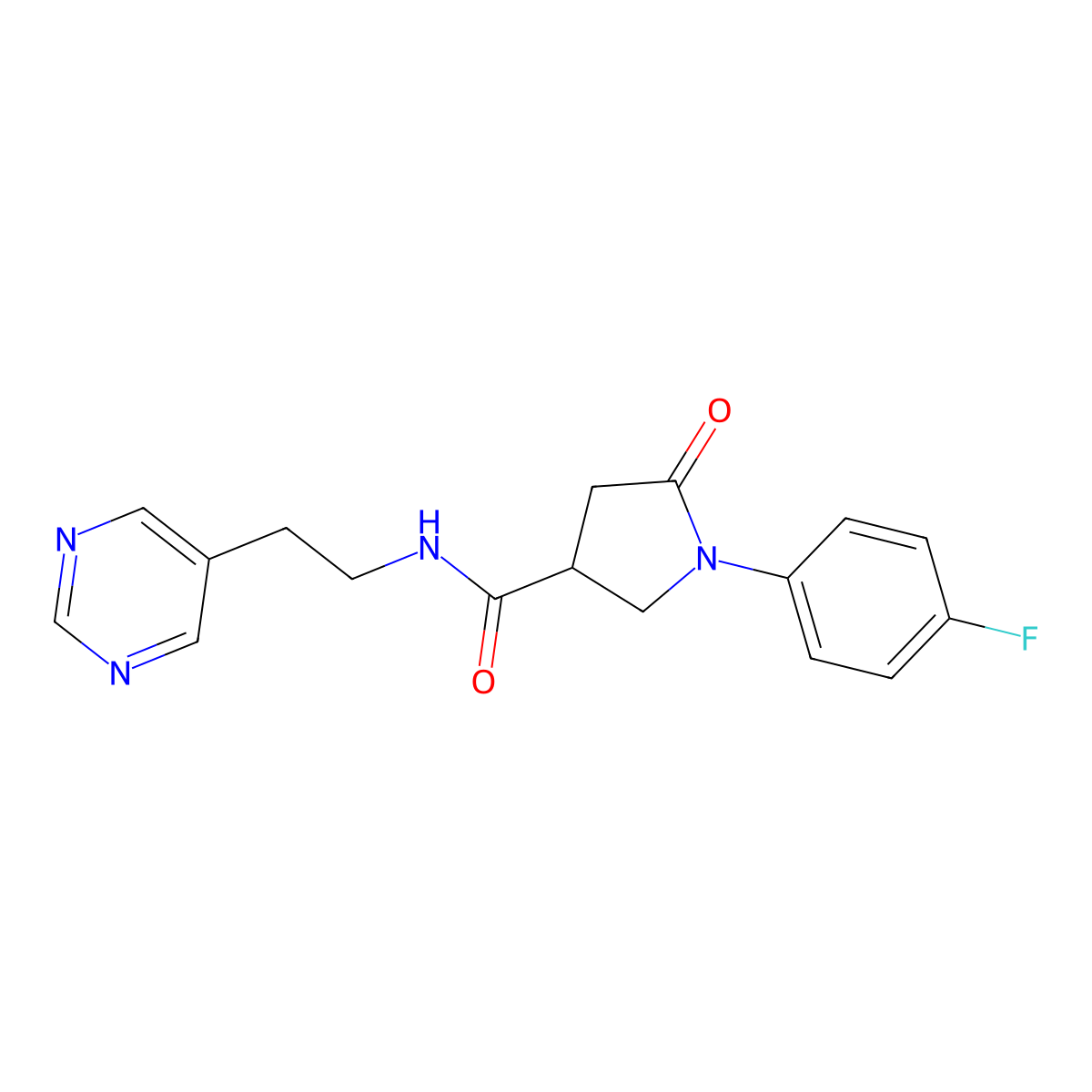 1-(4-fluorophenyl)-5-oxo-N-(2-(pyrimidin-5-yl)ethyl)pyrrolidine-3-carboxamide molecular structure, CAS 2034396-64-8