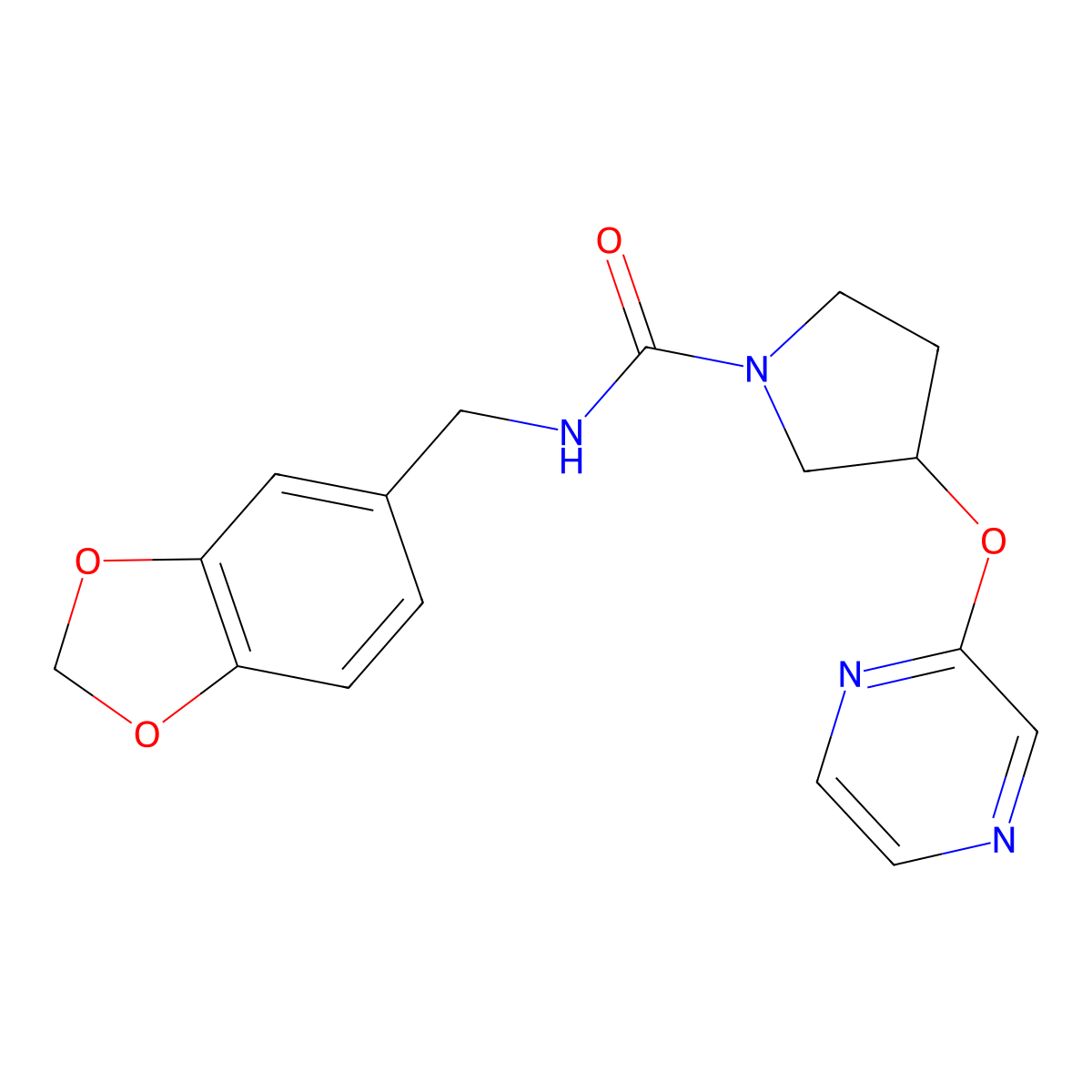 N-(benzo[d][1,3]dioxol-5-ylmethyl)-3-(pyrazin-2-yloxy)pyrrolidine-1-carboxamide molecular structure, CAS 2034396-66-0
