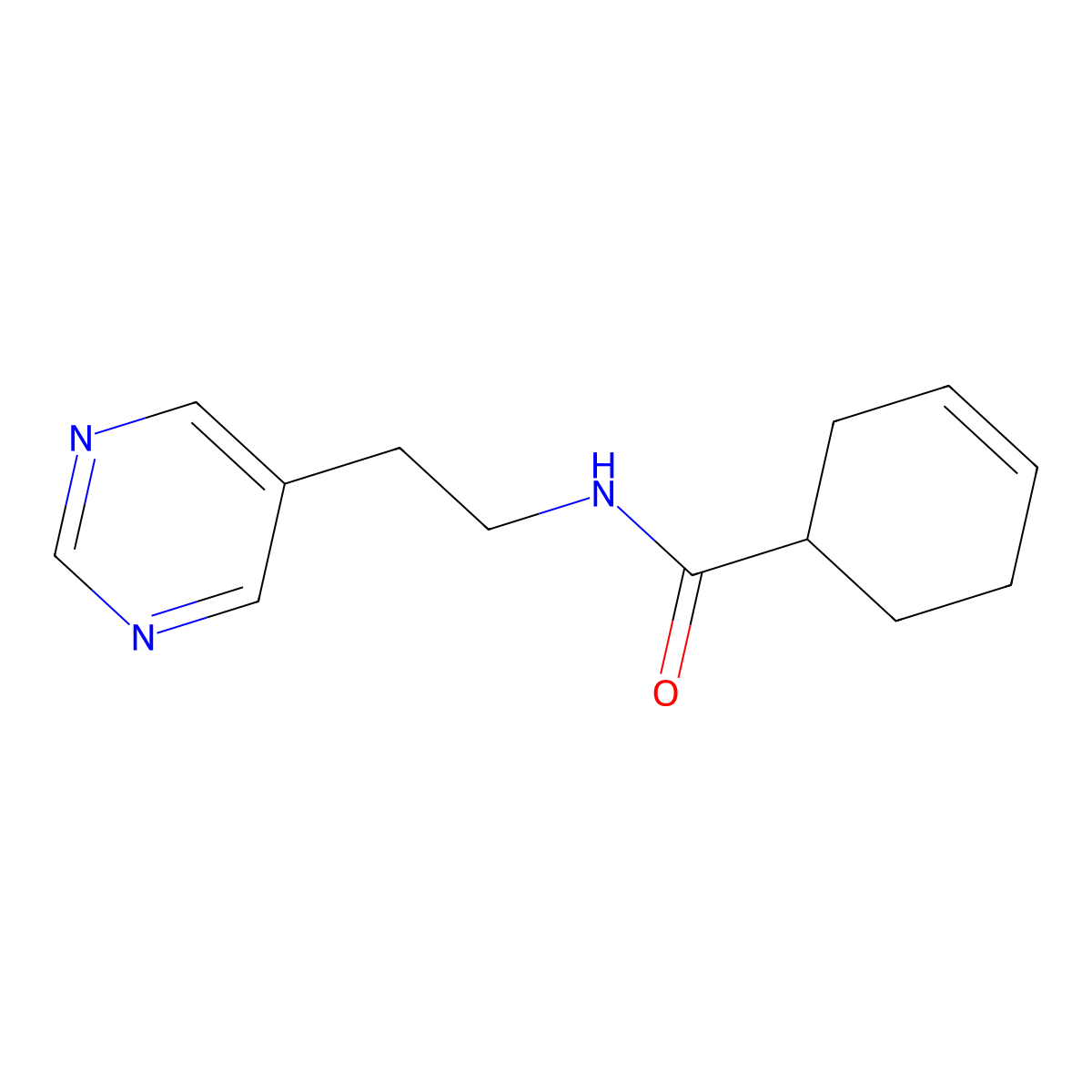N-(2-(pyrimidin-5-yl)ethyl)cyclohex-3-enecarboxamide molecular structure, CAS 2034396-73-9