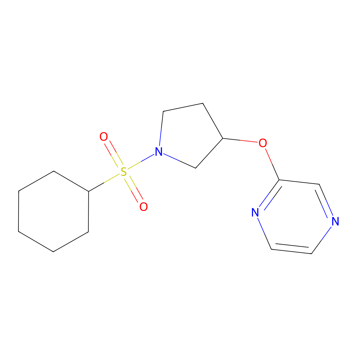 2-((1-(Cyclohexylsulfonyl)pyrrolidin-3-yl)oxy)pyrazine molecular structure, CAS 2034396-77-3