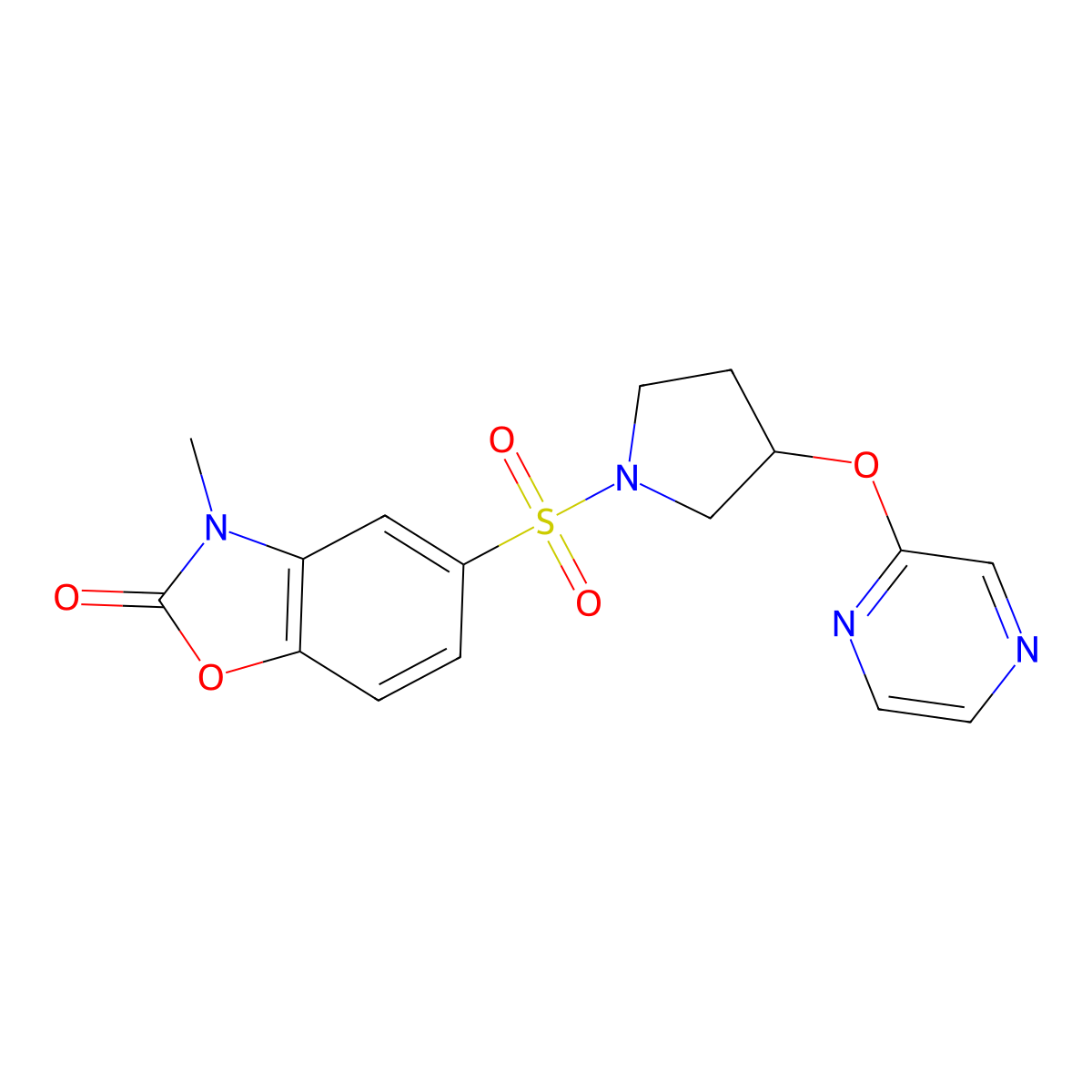 3-methyl-5-((3-(pyrazin-2-yloxy)pyrrolidin-1-yl)sulfonyl)benzo[d]oxazol-2(3H)-one molecular structure, CAS 2034396-82-0