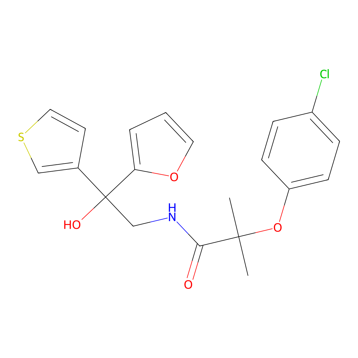 2-(4-chlorophenoxy)-N-(2-(furan-2-yl)-2-hydroxy-2-(thiophen-3-yl)ethyl)-2-methylpropanamide molecular structure, CAS 2034396-83-1