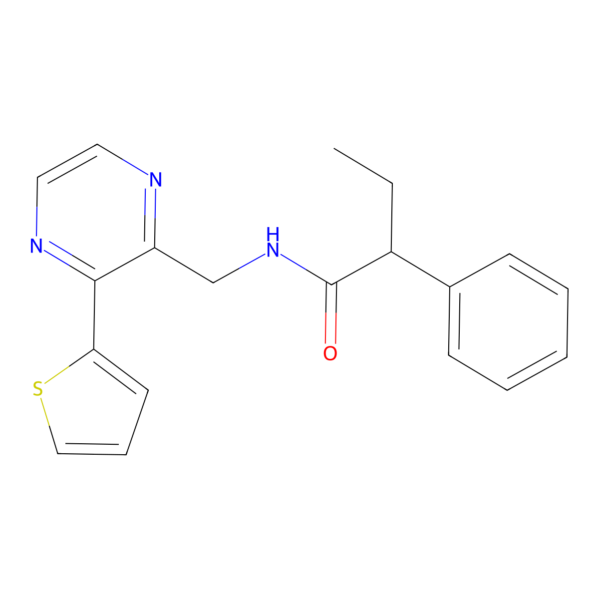 2-phenyl-N-((3-(thiophen-2-yl)pyrazin-2-yl)methyl)butanamide molecular structure, CAS 2034396-84-2