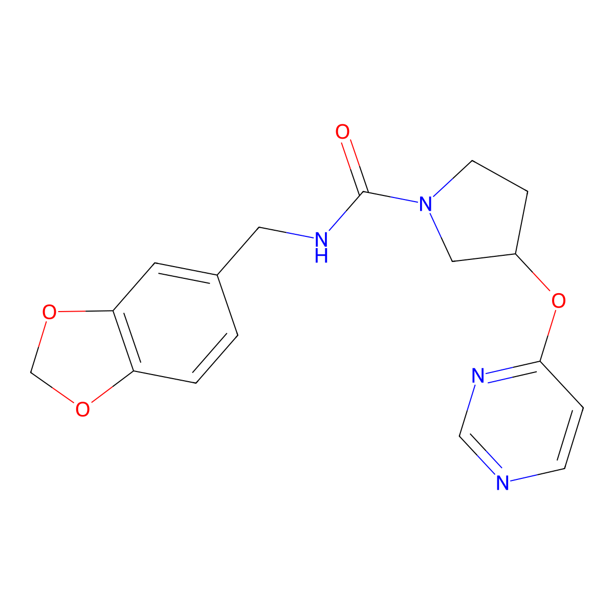 N-(benzo[d][1,3]dioxol-5-ylmethyl)-3-(pyrimidin-4-yloxy)pyrrolidine-1-carboxamide molecular structure, CAS 2034396-88-6