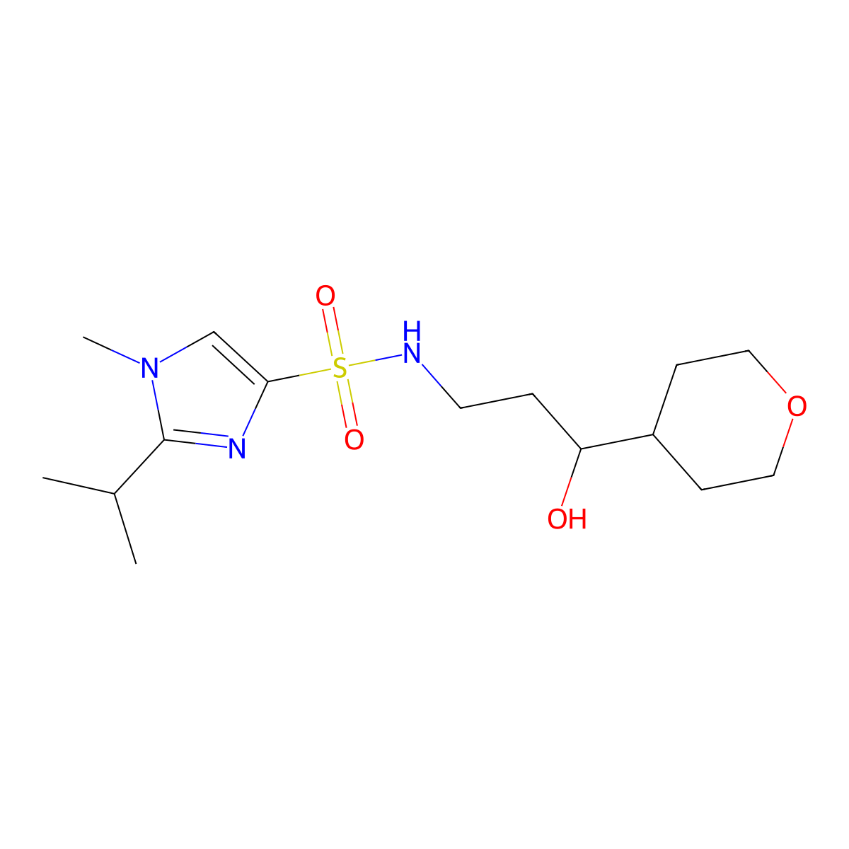 N-(3-hydroxy-3-(tetrahydro-2H-pyran-4-yl)propyl)-2-isopropyl-1-methyl-1H-imidazole-4-sulfonamide molecular structure, CAS 2034396-95-5
