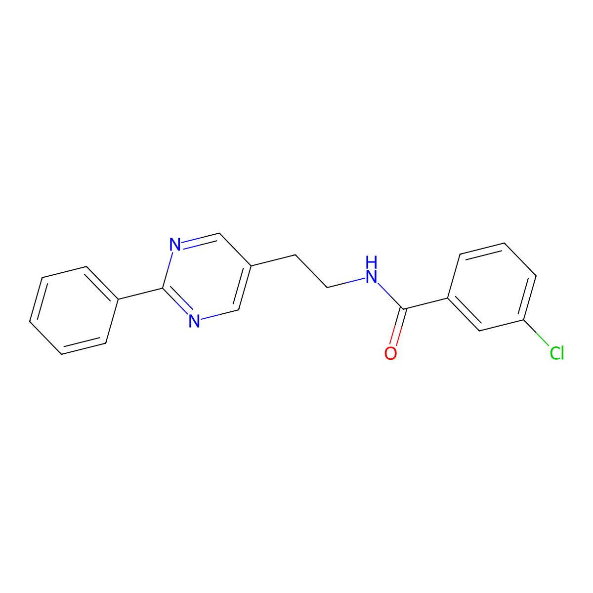 3-chloro-N-(2-(2-phenylpyrimidin-5-yl)ethyl)benzamide molecular structure, CAS 2034397-14-1