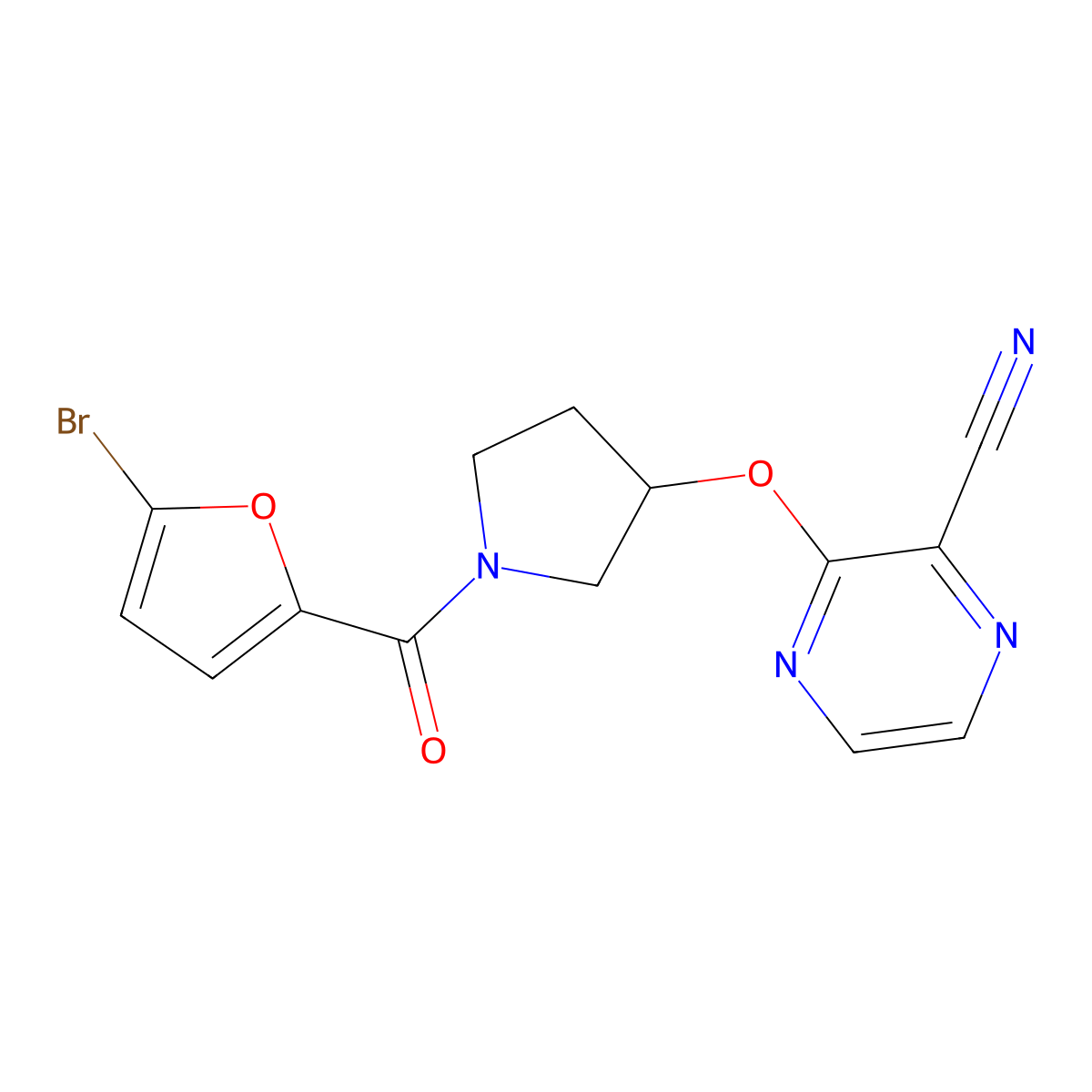 3-((1-(5-Bromofuran-2-carbonyl)pyrrolidin-3-yl)oxy)pyrazine-2-carbonitrile molecular structure, CAS 2034397-17-4