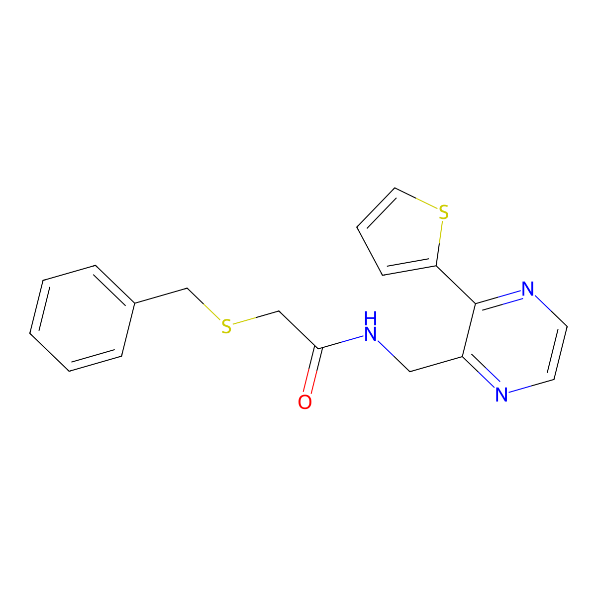 2-(benzylthio)-N-((3-(thiophen-2-yl)pyrazin-2-yl)methyl)acetamide molecular structure, CAS 2034397-23-2