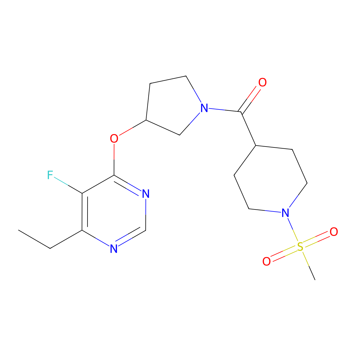 (3-((6-Ethyl-5-fluoropyrimidin-4-yl)oxy)pyrrolidin-1-yl)(1-(methylsulfonyl)piperidin-4-yl)methanone molecular structure, CAS 2034397-25-4