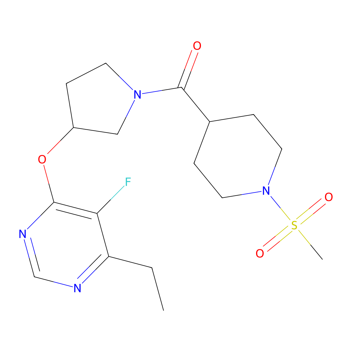 (3-((6-Ethyl-5-fluoropyrimidin-4-yl)oxy)pyrrolidin-1-yl)(1-(methylsulfonyl)piperidin-4-yl)methanone molecular structure, CAS 2034397-25-4