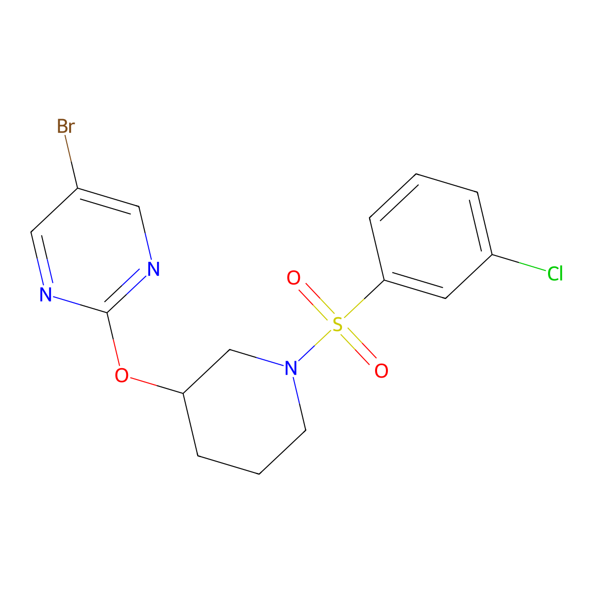 5-Bromo-2-((1-((3-chlorophenyl)sulfonyl)piperidin-3-yl)oxy)pyrimidine molecular structure, CAS 2034397-27-6