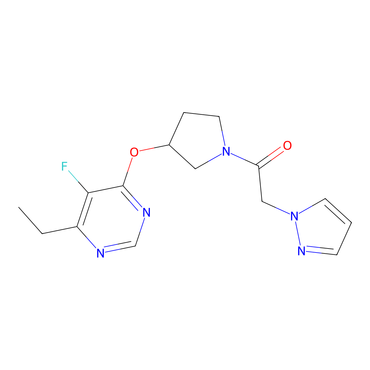 1-(3-((6-ethyl-5-fluoropyrimidin-4-yl)oxy)pyrrolidin-1-yl)-2-(1H-pyrazol-1-yl)ethanone molecular structure, CAS 2034397-42-5