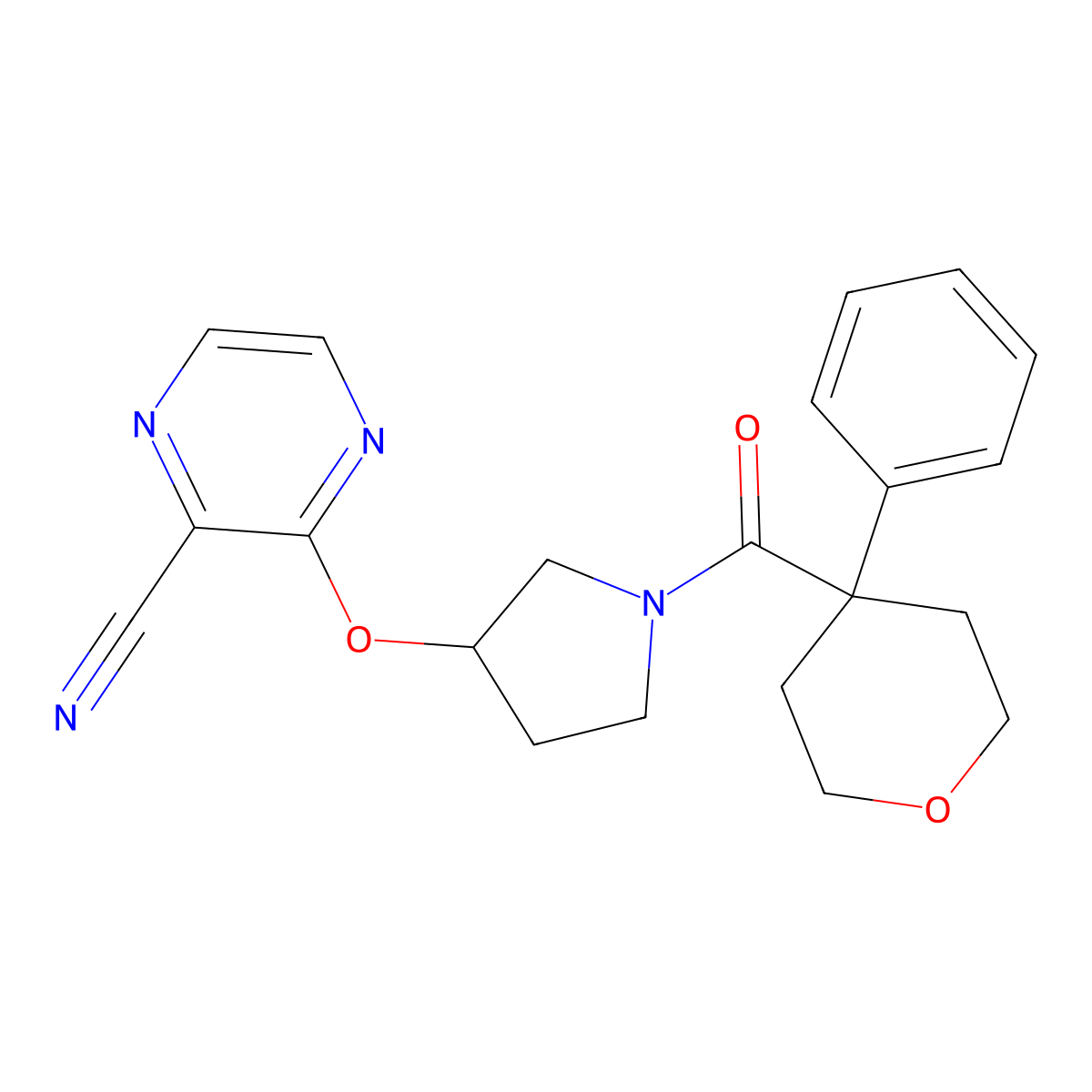 3-((1-(4-phenyltetrahydro-2H-pyran-4-carbonyl)pyrrolidin-3-yl)oxy)pyrazine-2-carbonitrile molecular structure, CAS 2034397-45-8