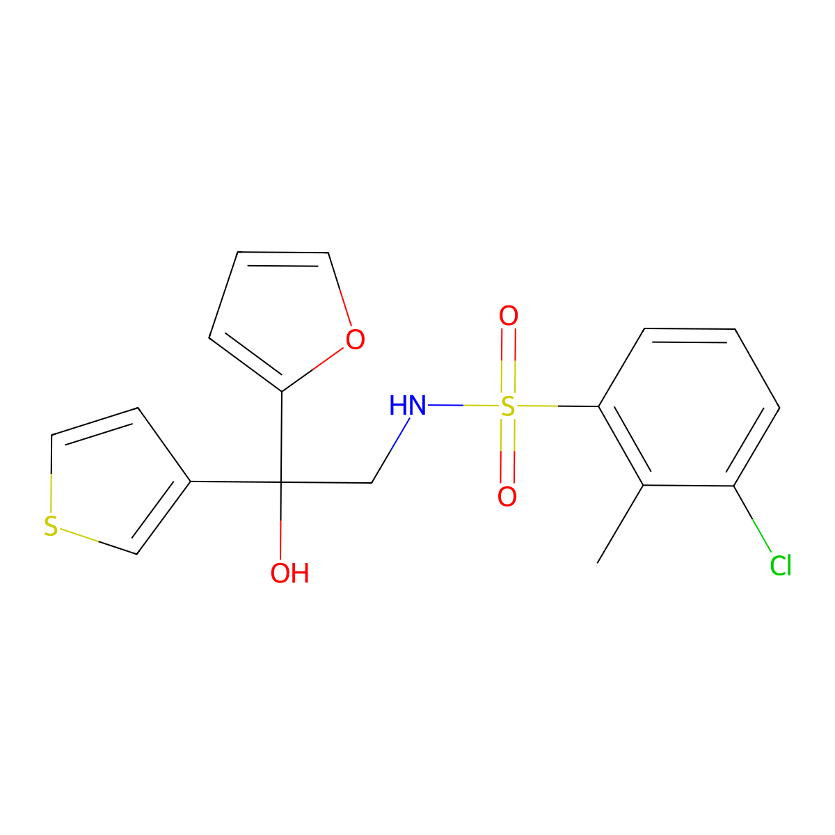3-chloro-N-(2-(furan-2-yl)-2-hydroxy-2-(thiophen-3-yl)ethyl)-2-methylbenzenesulfonamide molecular structure, CAS 2034397-50-5
