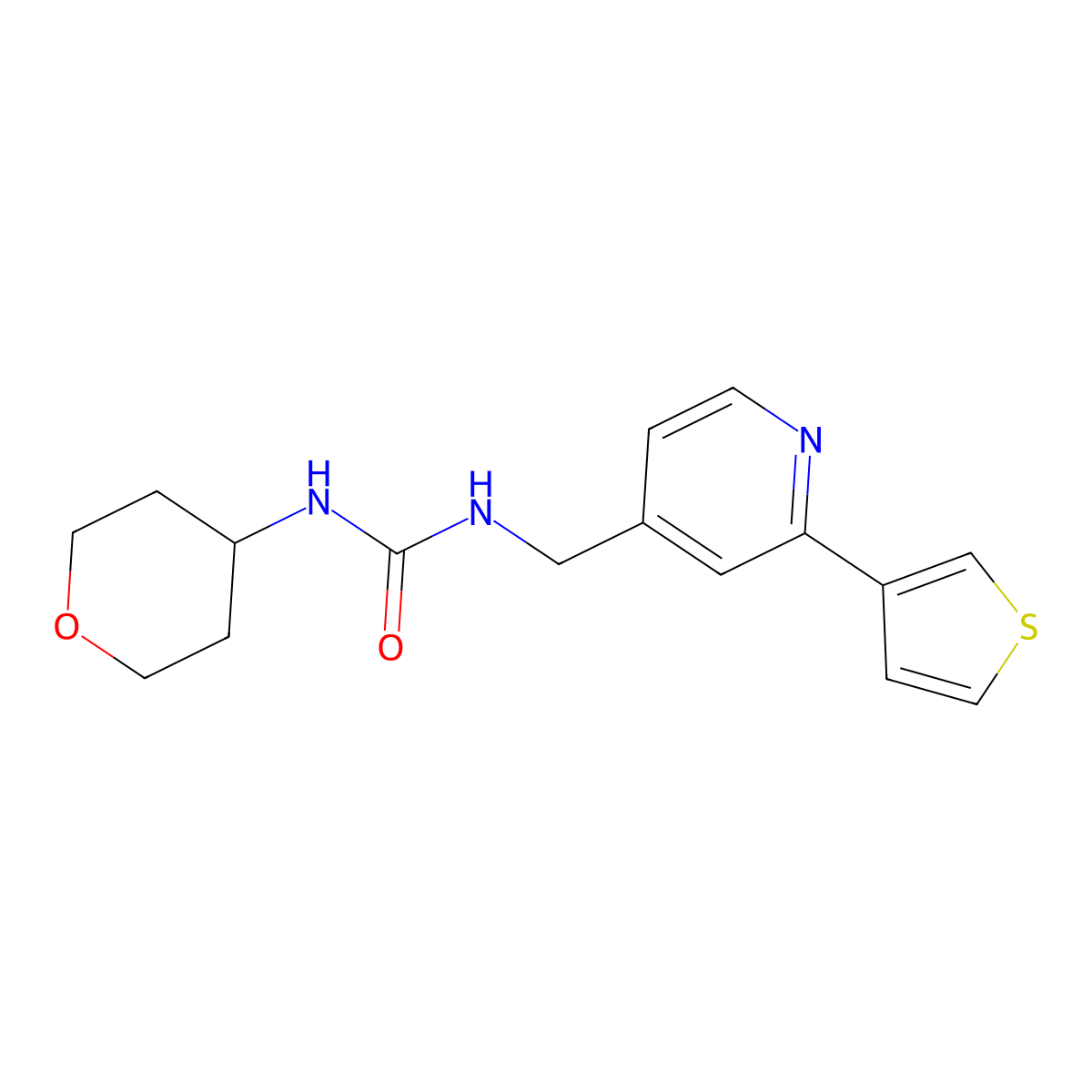 1-(tetrahydro-2H-pyran-4-yl)-3-((2-(thiophen-3-yl)pyridin-4-yl)methyl)urea molecular structure, CAS 2034397-57-2