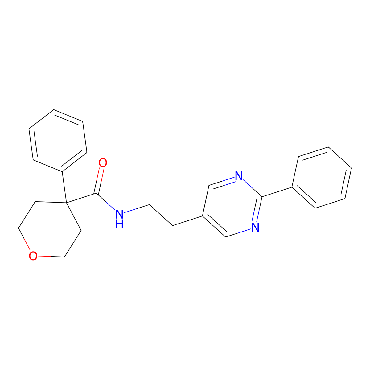 4-phenyl-N-(2-(2-phenylpyrimidin-5-yl)ethyl)tetrahydro-2H-pyran-4-carboxamide molecular structure, CAS 2034397-67-4