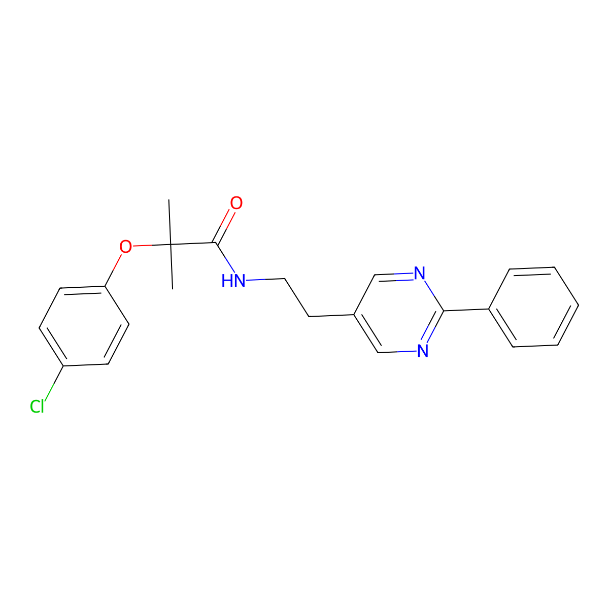 2-(4-chlorophenoxy)-2-methyl-N-[2-(2-phenylpyrimidin-5-yl)ethyl]propanamide molecular structure, CAS 2034397-77-6