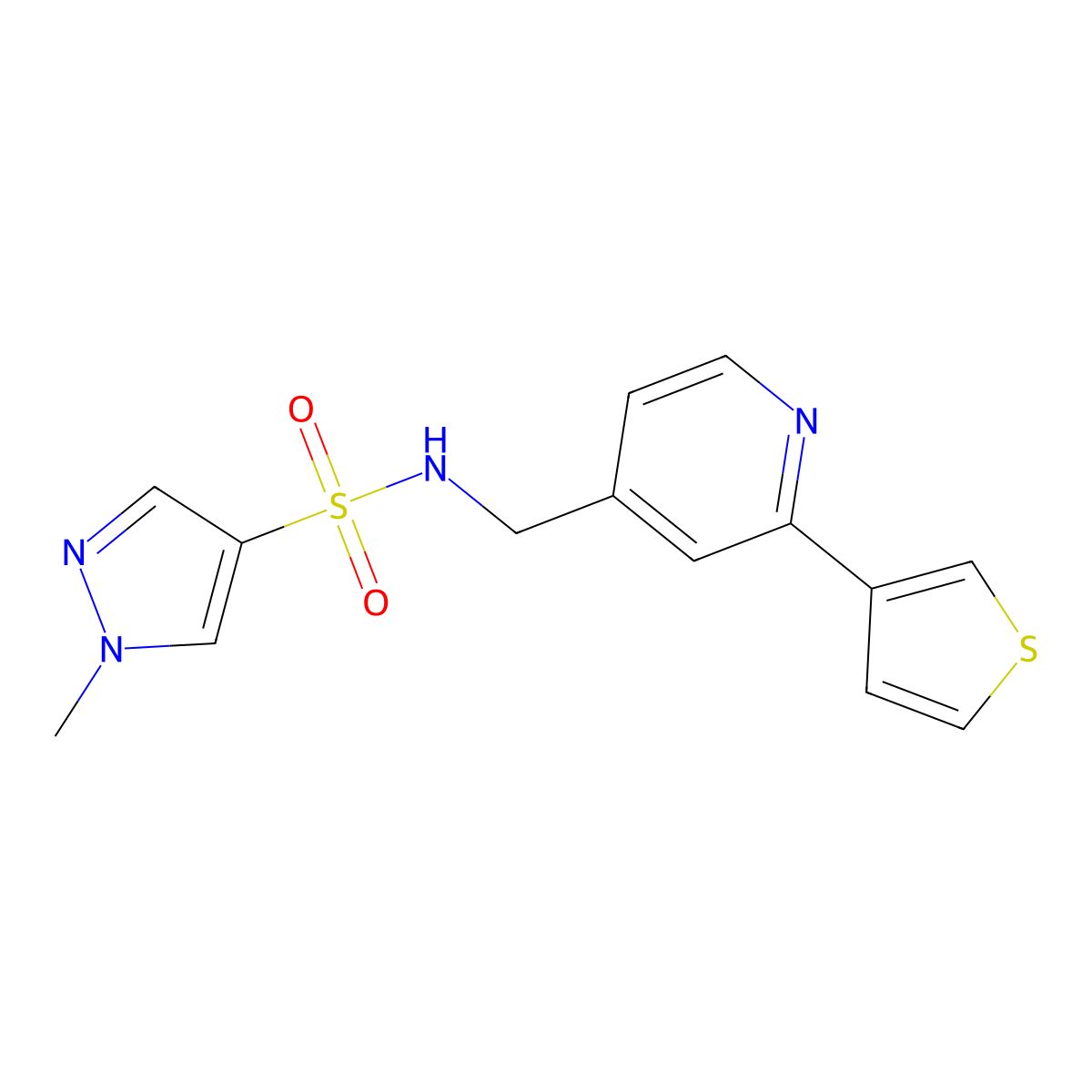 1-methyl-N-{[2-(thiophen-3-yl)pyridin-4-yl]methyl}-1H-pyrazole-4-sulfonamide molecular structure, CAS 2034397-90-3