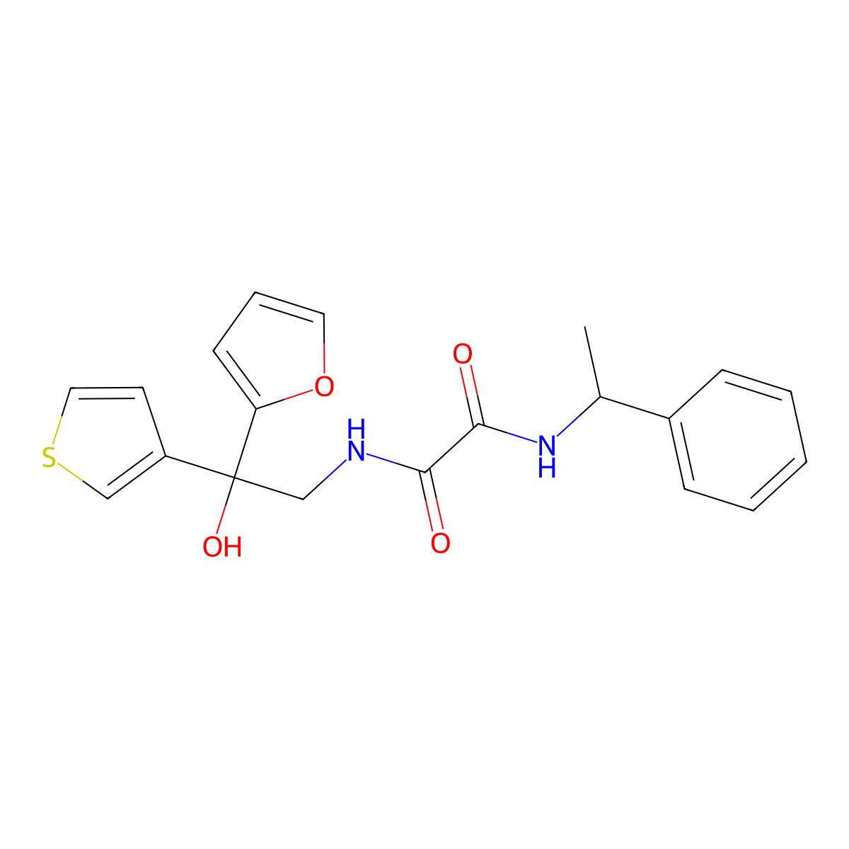 N1-(2-(furan-2-yl)-2-hydroxy-2-(thiophen-3-yl)ethyl)-N2-(1-phenylethyl)oxalamide molecular structure, CAS 2034398-11-1