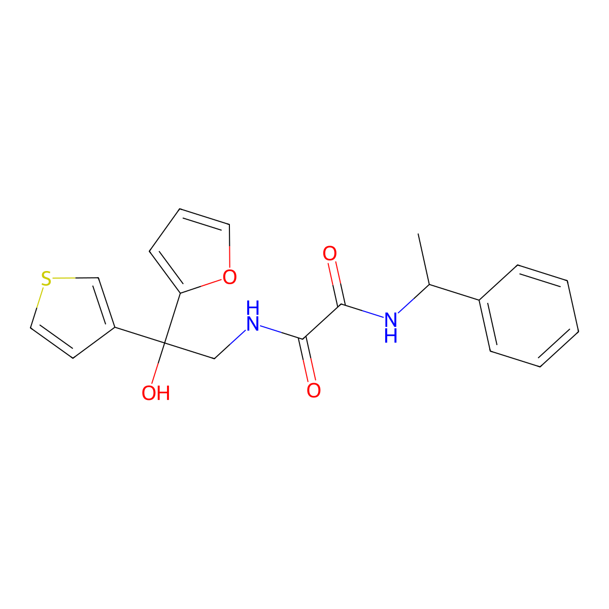 N1-(2-(furan-2-yl)-2-hydroxy-2-(thiophen-3-yl)ethyl)-N2-(1-phenylethyl)oxalamide molecular structure, CAS 2034398-11-1