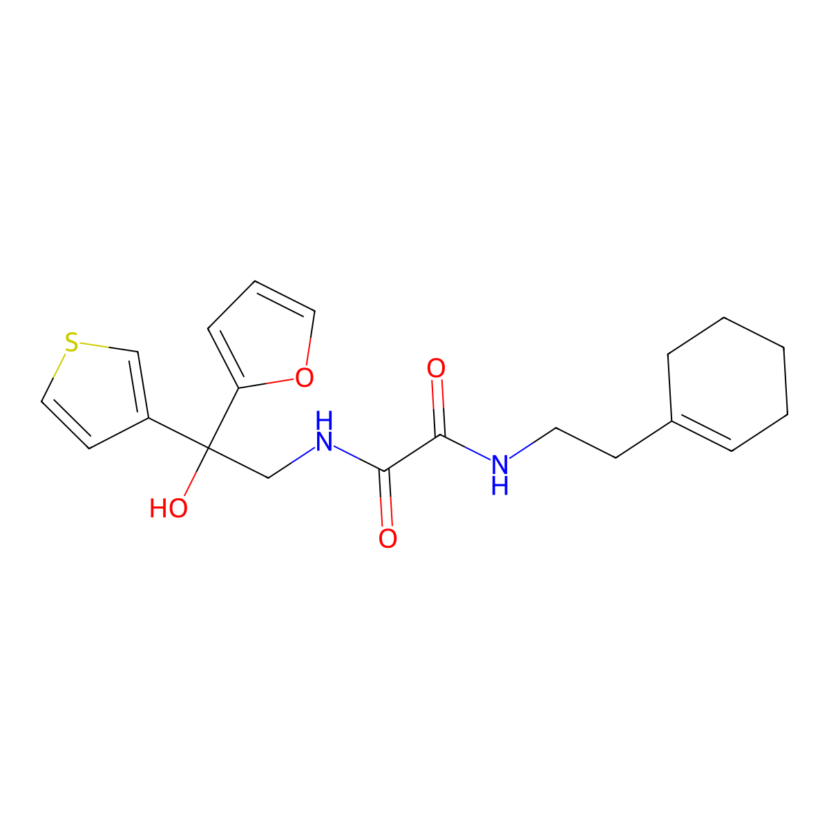 N1-(2-(cyclohex-1-en-1-yl)ethyl)-N2-(2-(furan-2-yl)-2-hydroxy-2-(thiophen-3-yl)ethyl)oxalamide molecular structure, CAS 2034398-14-4