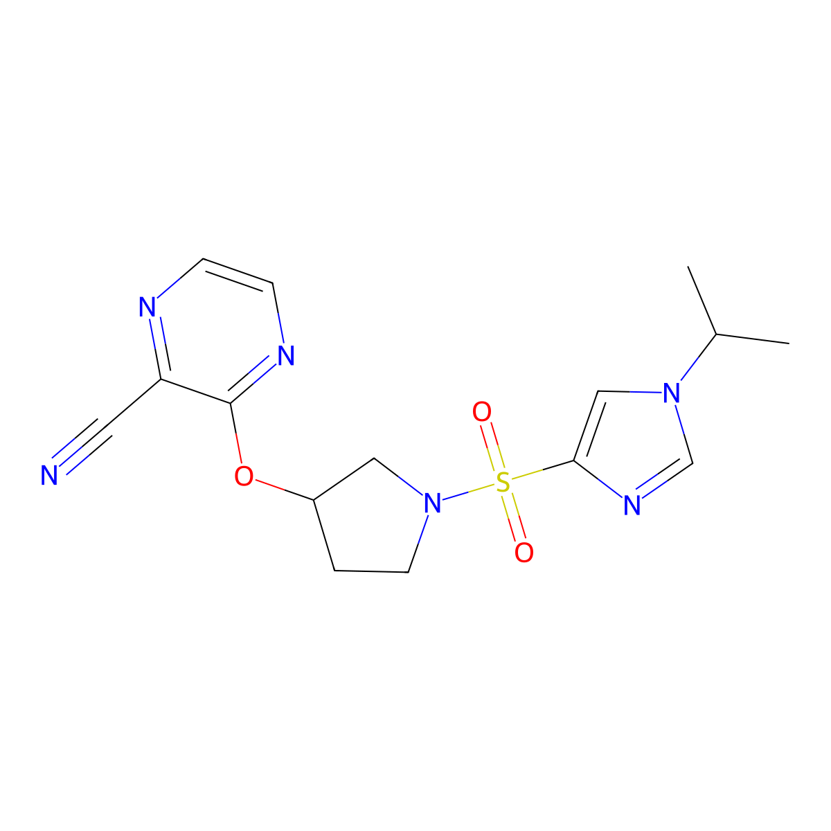 3-((1-((1-isopropyl-1H-imidazol-4-yl)sulfonyl)pyrrolidin-3-yl)oxy)pyrazine-2-carbonitrile molecular structure, CAS 2034398-15-5