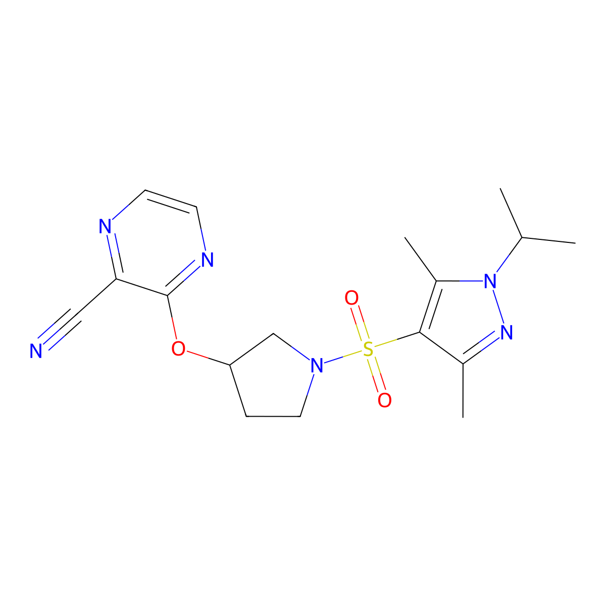 3-((1-((1-isopropyl-3,5-dimethyl-1H-pyrazol-4-yl)sulfonyl)pyrrolidin-3-yl)oxy)pyrazine-2-carbonitrile molecular structure, CAS 2034398-22-4